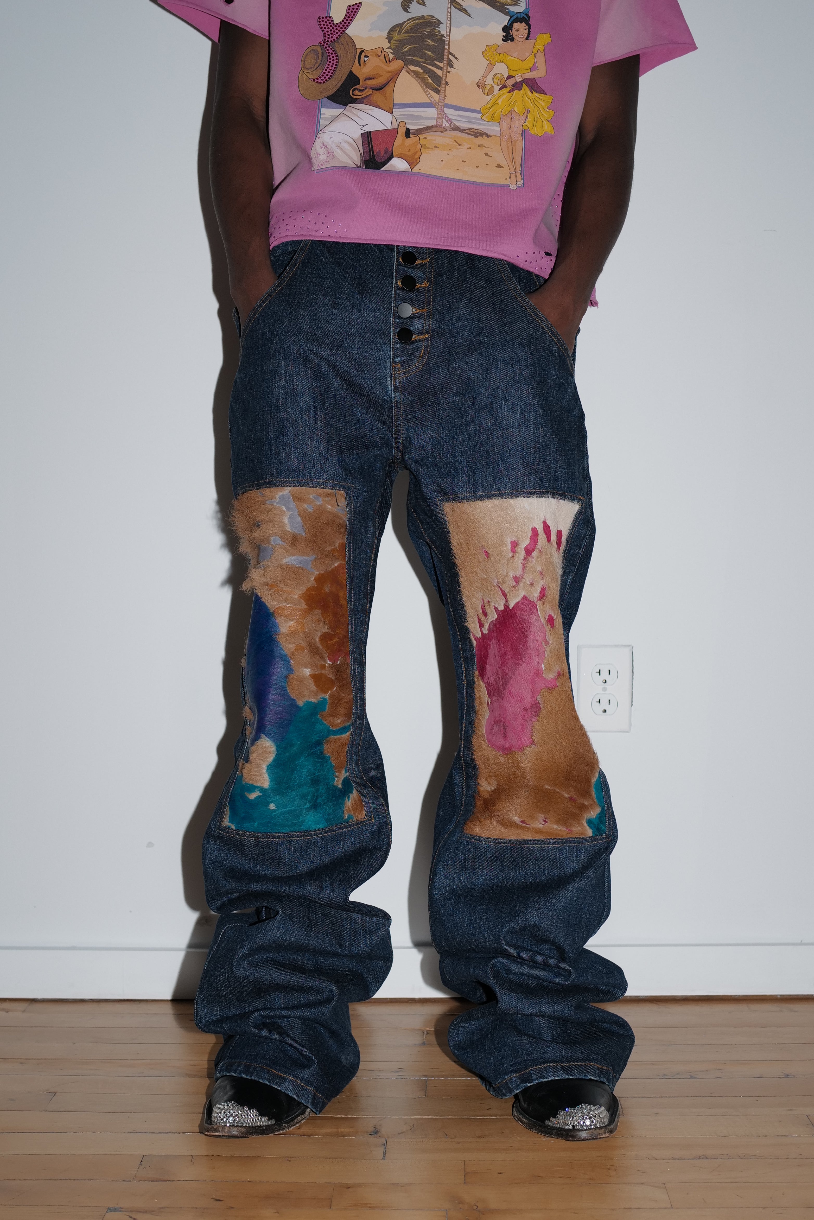 Dyed Cowhide patched Raw Denim Jeans